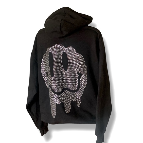 YOURS TRULY “FAKE SMILES” PHORA Fleece Hoodie Medium Black Silver Rhinestones - Picture 5 of 10